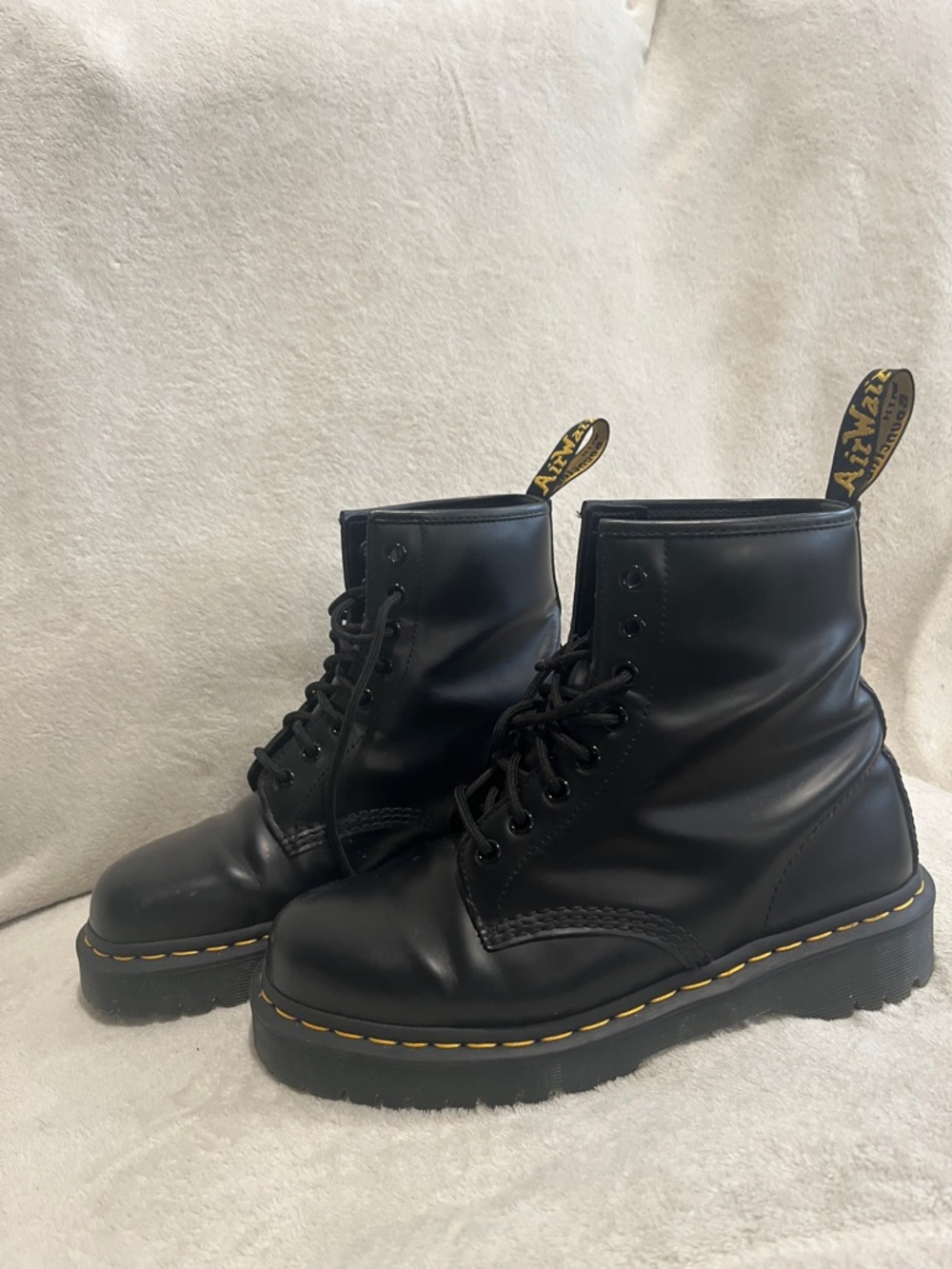 Dr. Martens Black Leather Platform Boots with Yellow Stitching
